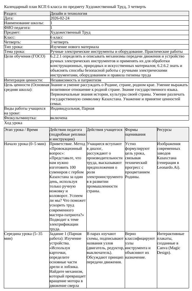 КСП Художественный Труд 6 класс 3 четверть Ручные электрические инструменты