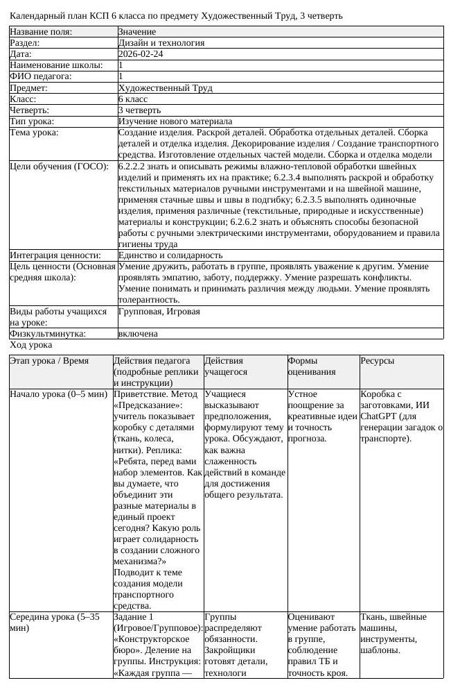 КСП Художественный Труд 6 класс 3 четверть Создание изделия Раскрой (урок 1)