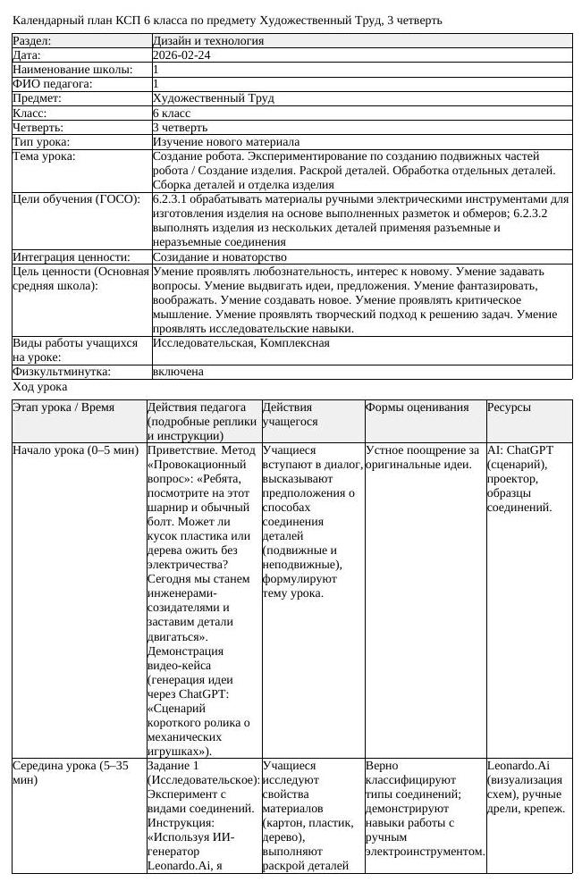 КСП Художественный Труд 6 класс 3 четверть Создание робота Экспериментирован