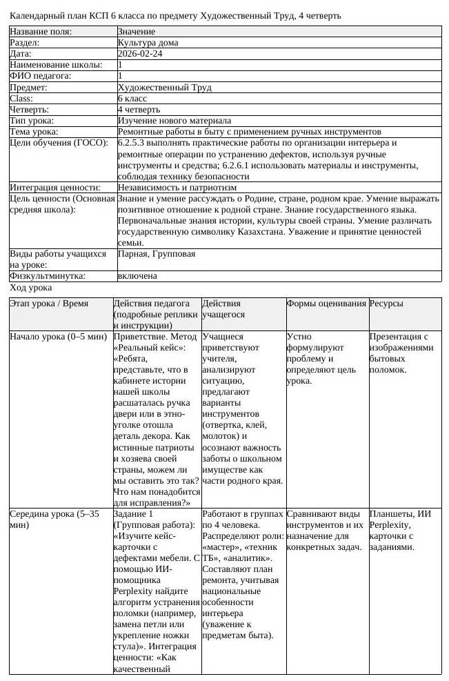 КСП Художественный Труд 6 класс 4 четверть Ремонтные работы в быту