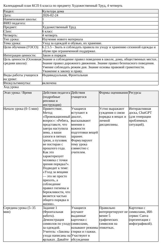 КСП Художественный Труд 6 класс 4 четверть Уход за одеждой и обувью (урок 2)