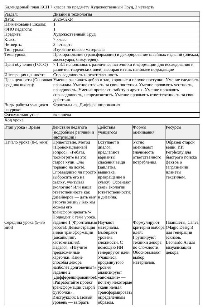 КСП Художественный Труд 7 класс 3 четверть Преобразование трансформация