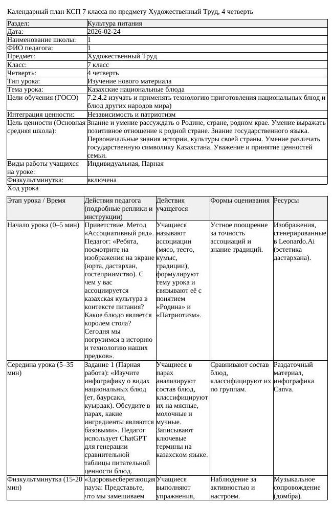 КСП Художественный Труд 7 класс 4 четверть Казахские национальные