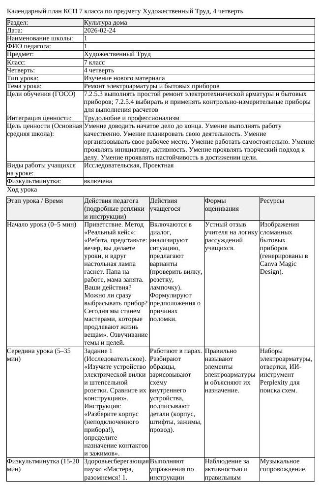 КСП Художественный Труд 7 класс 4 четверть Ремонт электроарматуры (урок 2)