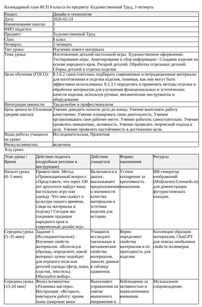 КСП Художественный Труд 8 класс 3 четверть Изготовление деталей настольной