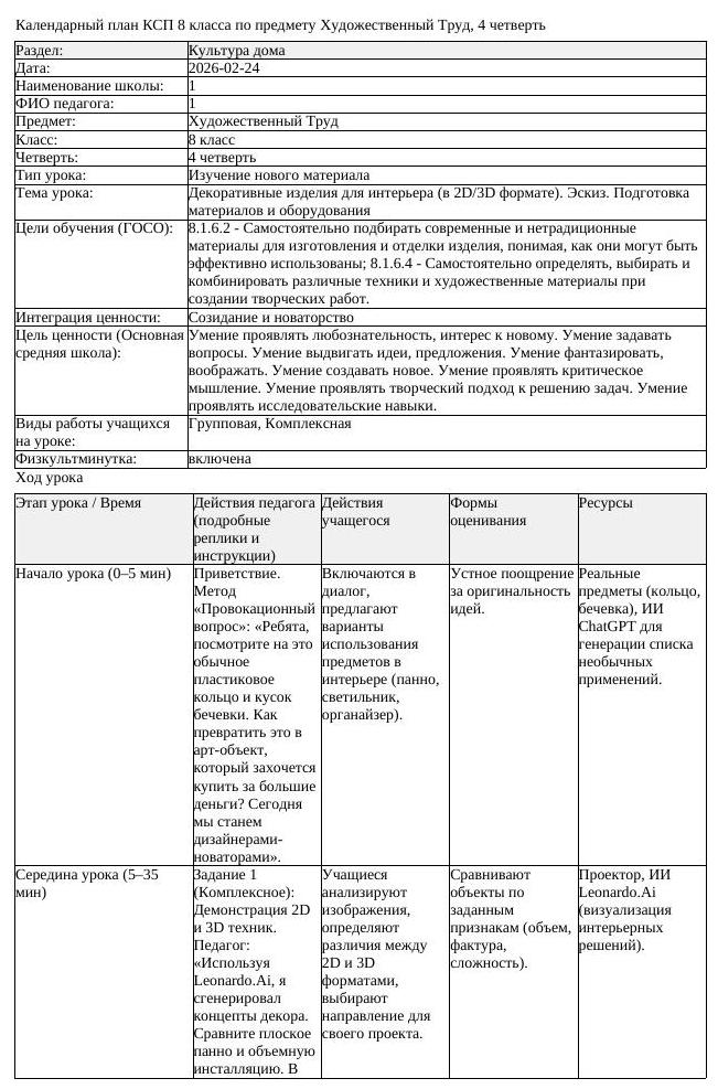 КСП Художественный Труд 8 класс 4 четверть Декоративные изделия для