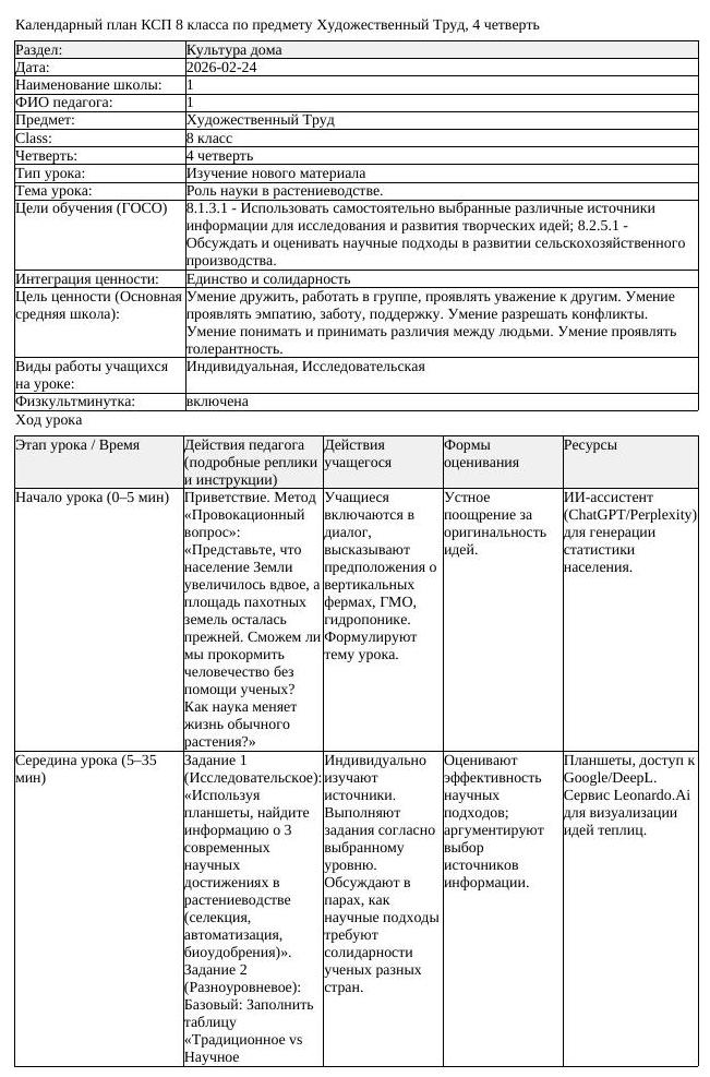 КСП Художественный Труд 8 класс 4 четверть Роль науки в растениеводстве