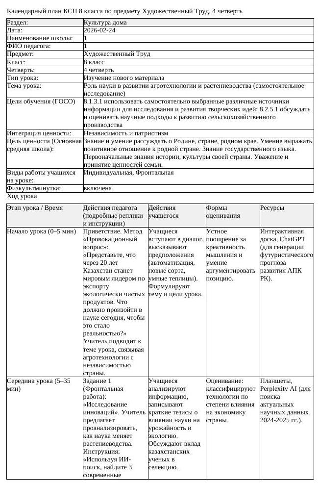 КСП Художественный Труд 8 класс 4 четверть Роль науки в развитии