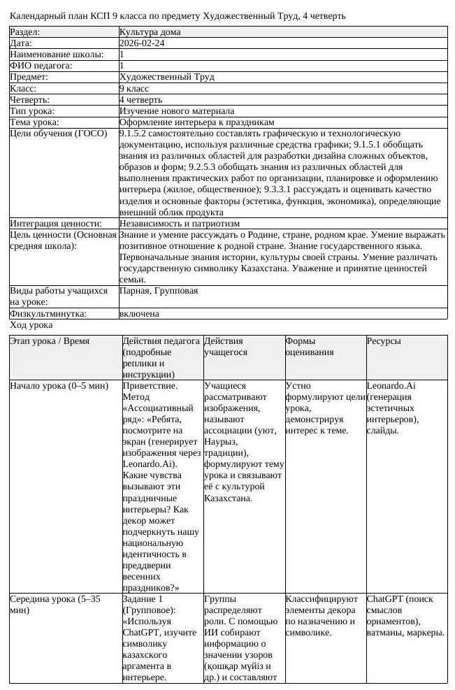 КСП Художественный Труд 9 класс 4 четверть Оформление интерьера к