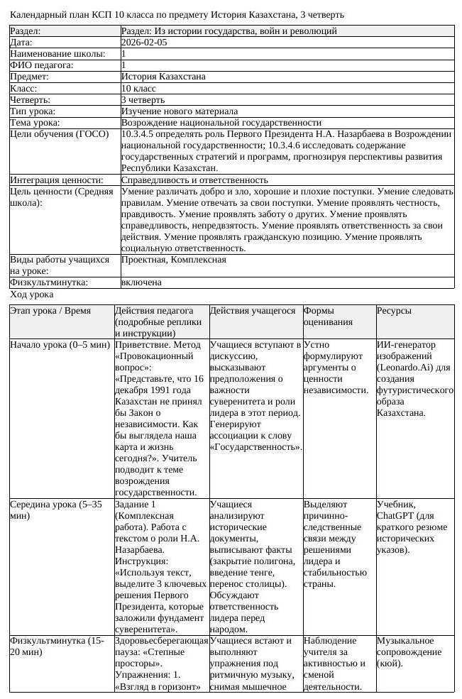 КСП История Казахстана 10 класс ЕМН 3 четверть Возрождение национальной