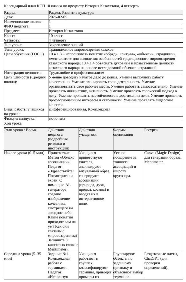 КСП История Казахстана 10 класс ОГН 4 четверть Традиционное миро