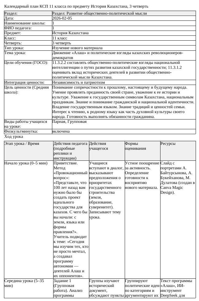 КСП История Казахстана 11 класс ЕМН 3 четверть Движение Алаш и политические