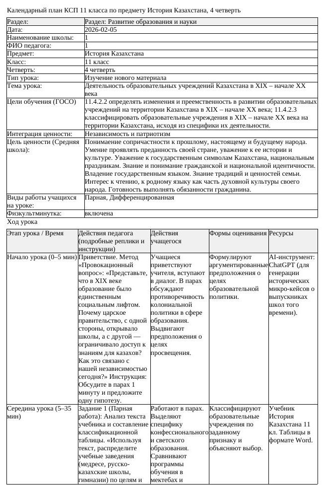 КСП История Казахстана 11 класс ЕМН 4 четверть Деятельность образовательных