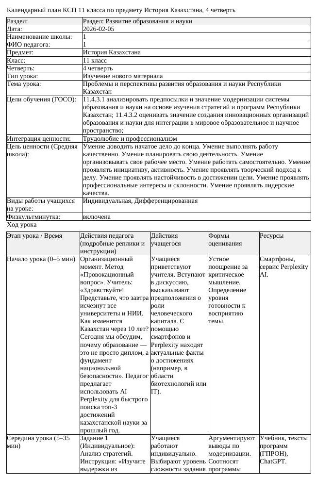 КСП История Казахстана 11 класс ЕМН 4 четверть Проблемы и перспективы