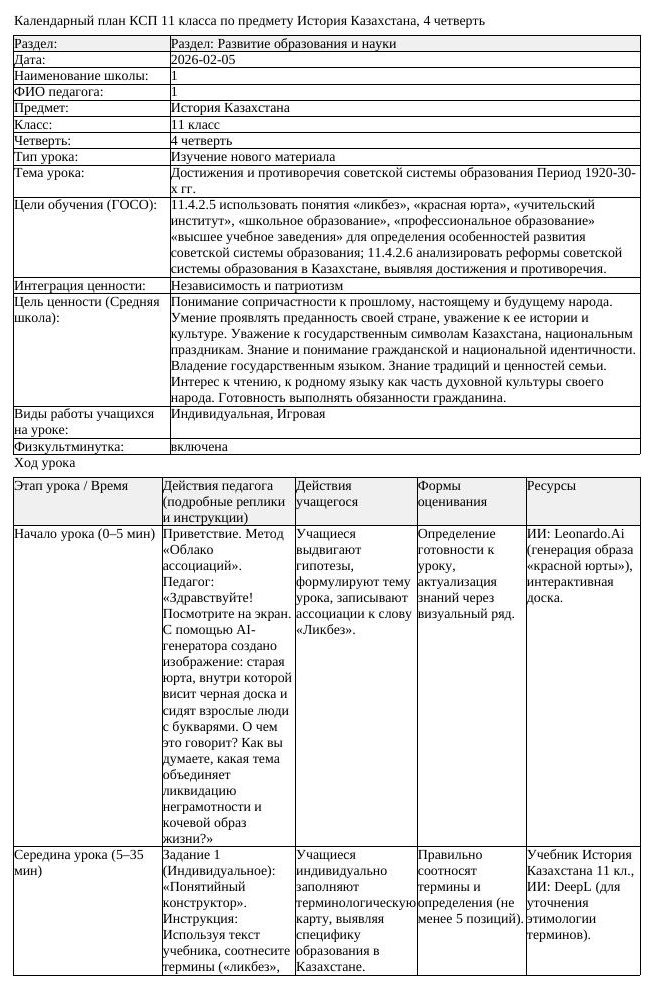КСП История Казахстана 11 класс ОГН 4 четверть Достижения и противоречия (урок 1)