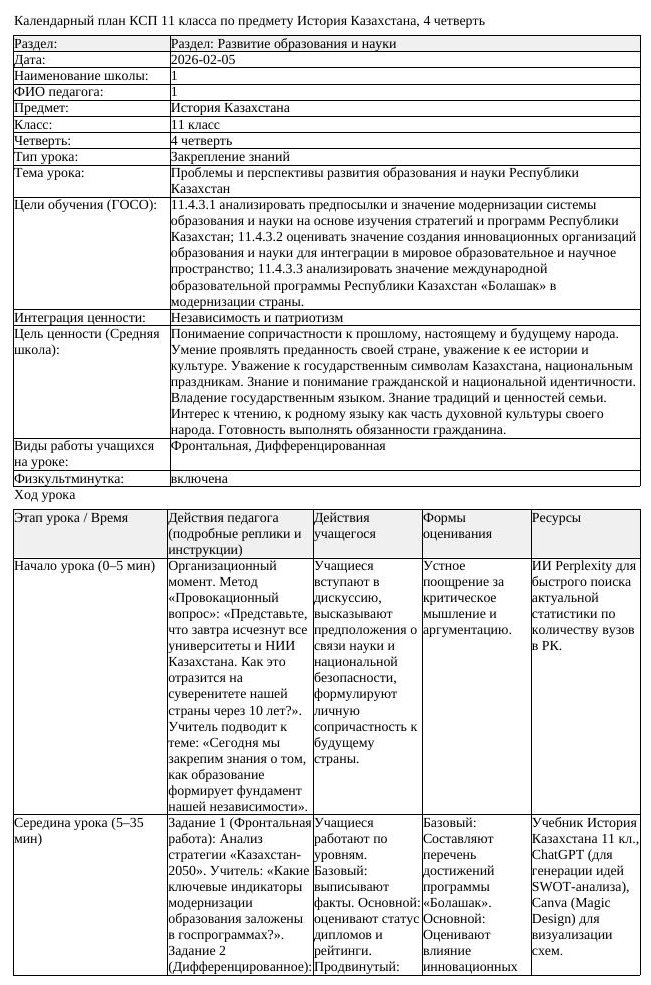 КСП История Казахстана 11 класс ОГН 4 четверть Проблемы и перспективы (урок 1)