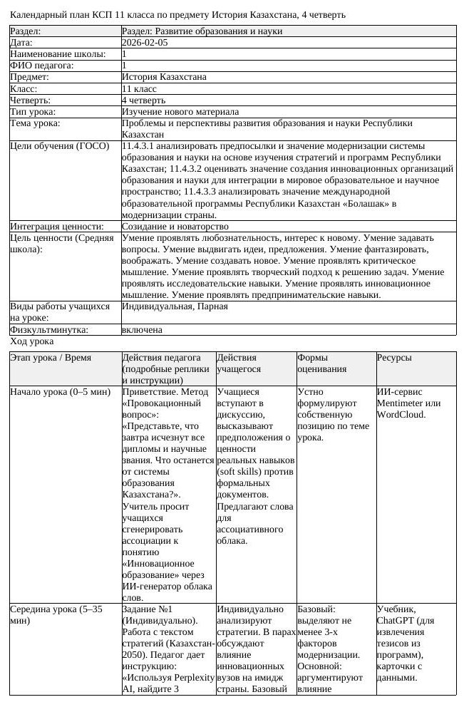 КСП История Казахстана 11 класс ОГН 4 четверть Проблемы и перспективы (урок 2)