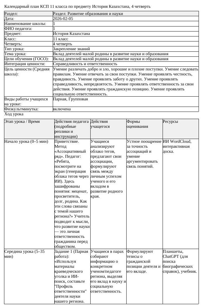 КСП История Казахстана 11 класс ОГН 4 четверть Вклад деятелей малой (урок 1)