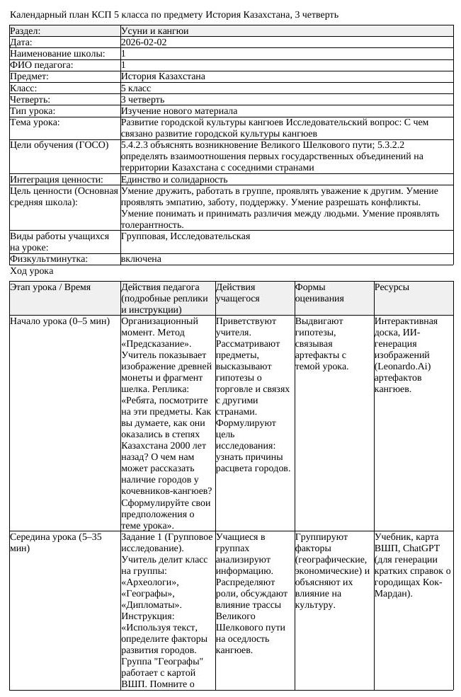 КСП История Казахстана 5 класс 3 четверть Развитие городской культуры