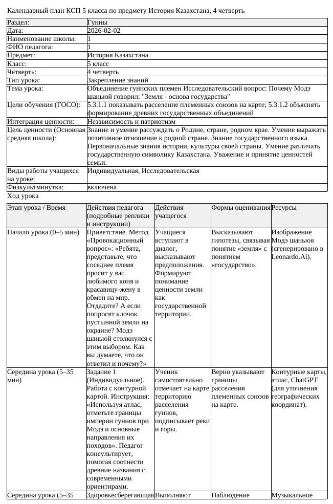 КСП История Казахстана 5 класс 4 четверть Объединение гуннских племен (урок 2)