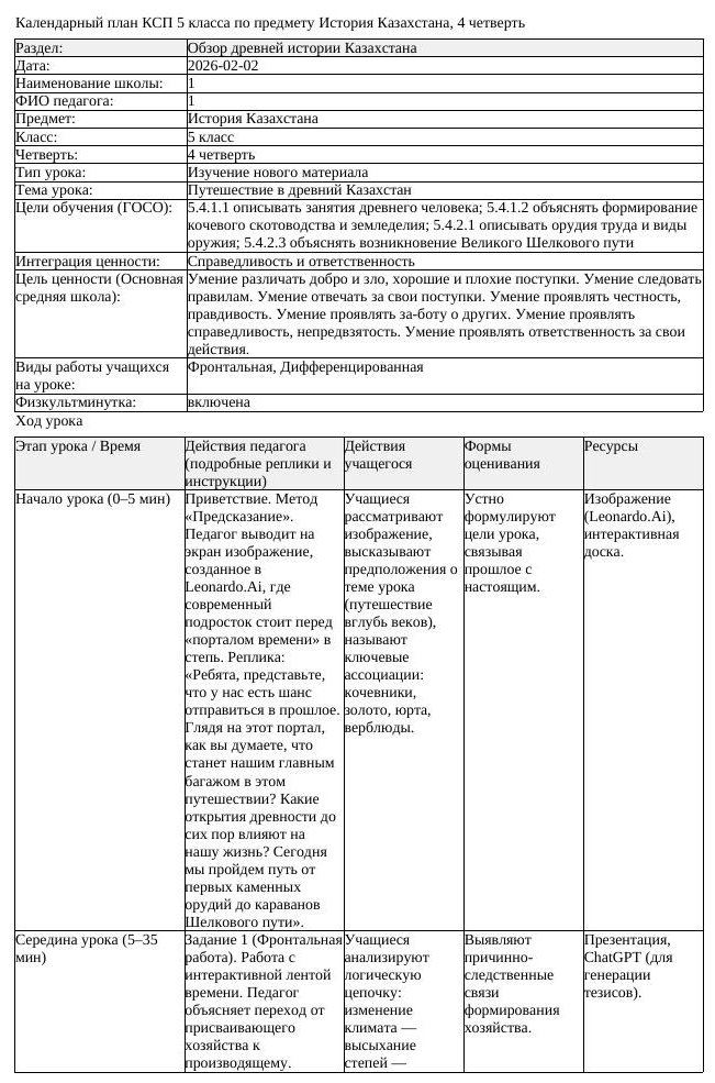КСП История Казахстана 5 класс 4 четверть Путешествие в древний Казахстан (урок 2)