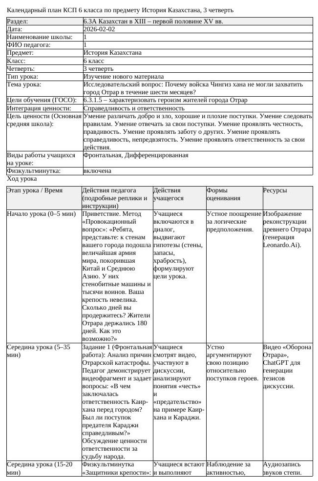 КСП История Казахстана 6 класс 3 четверть Исследовательский вопрос