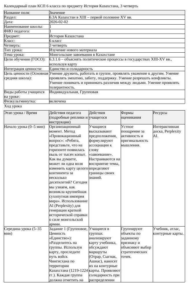 КСП История Казахстана 6 класс 3 четверть Монгольские завоевания в