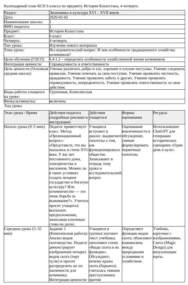 КСП История Казахстана 6 класс 4 четверть Исследовательский вопрос
