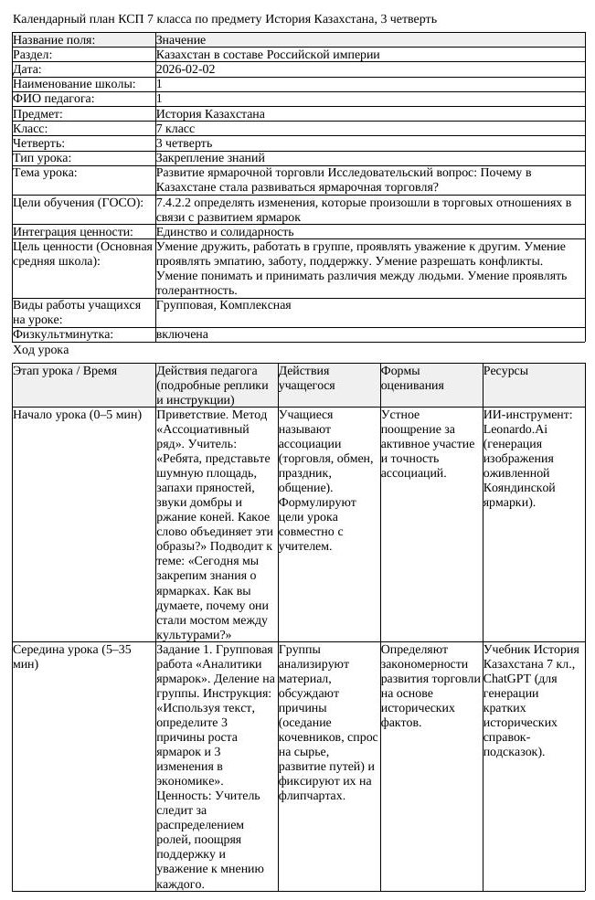 КСП История Казахстана 7 класс 3 четверть Развитие ярмарочной торговли (урок 1)