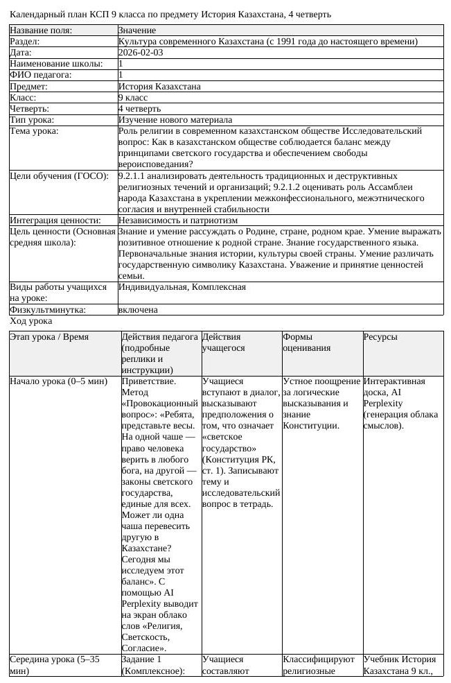 КСП История Казахстана 9 класс 4 четверть Роль религии в современном