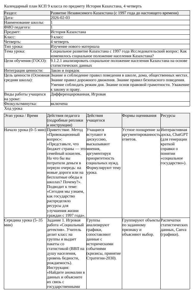 КСП История Казахстана 9 класс 4 четверть Социальное развитие Казахстана