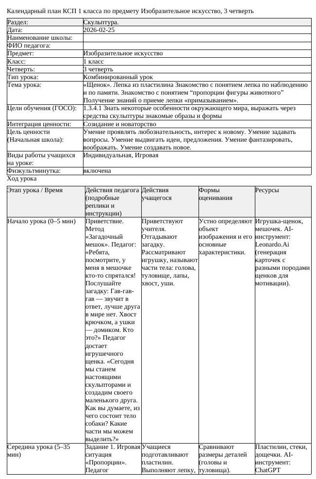 КСП Изобразительное искусство 1 класс 3 четверть Щенок Лепка из пластилина (урок 1)