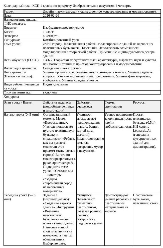 КСП Изобразительное искусство 1 класс 4 четверть Мой город Коллективная