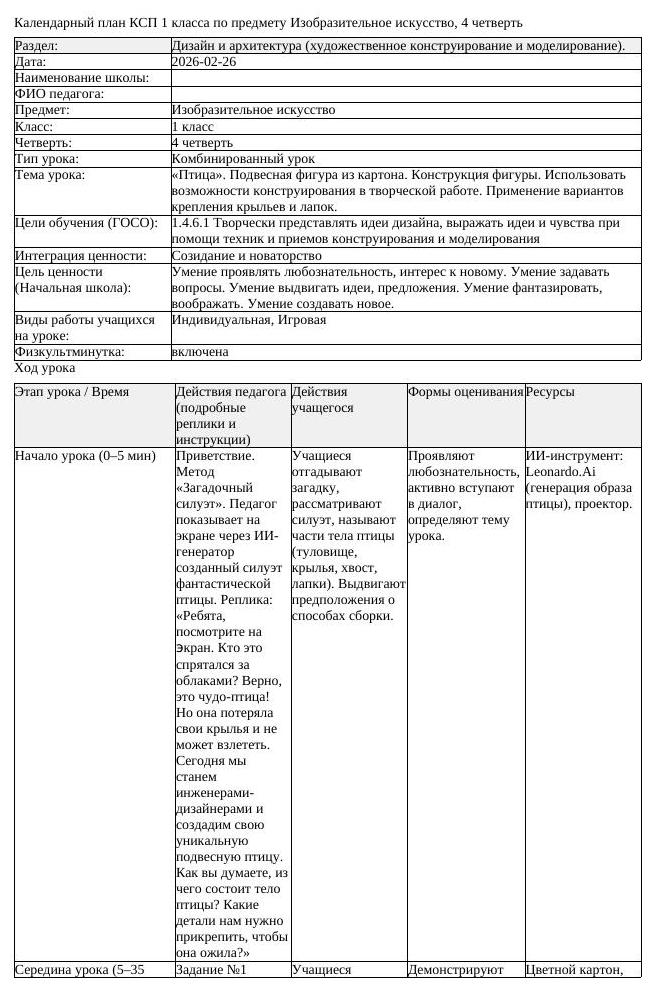 КСП Изобразительное искусство 1 класс 4 четверть Птица Подвесная