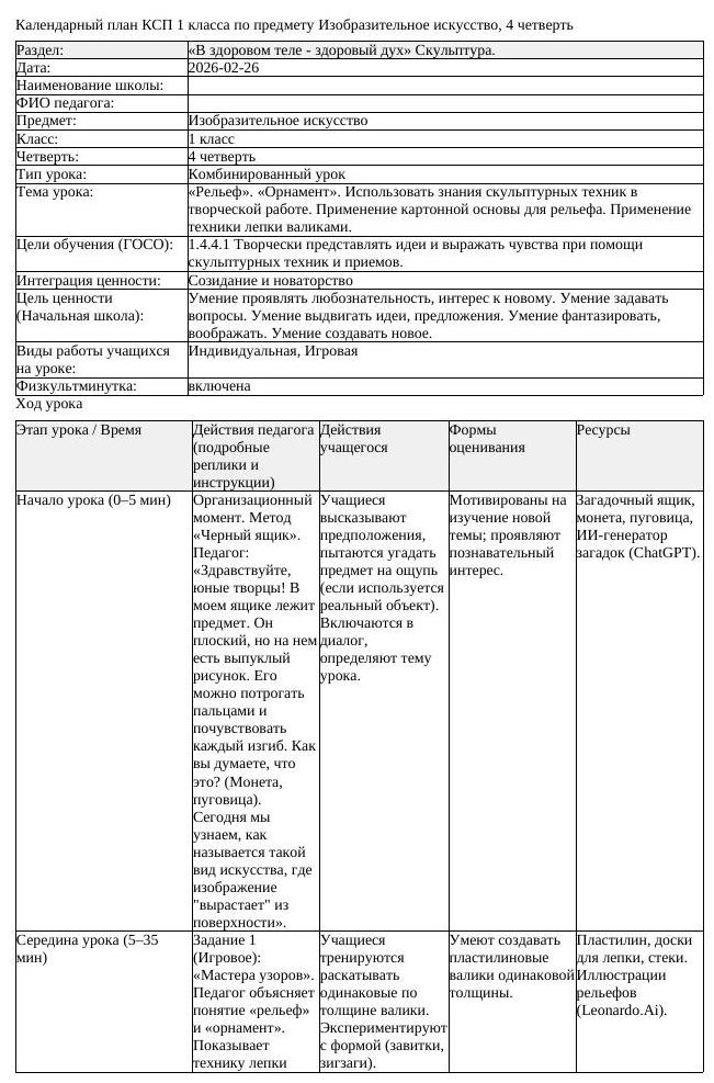 КСП Изобразительное искусство 1 класс 4 четверть Рельеф Орнамент