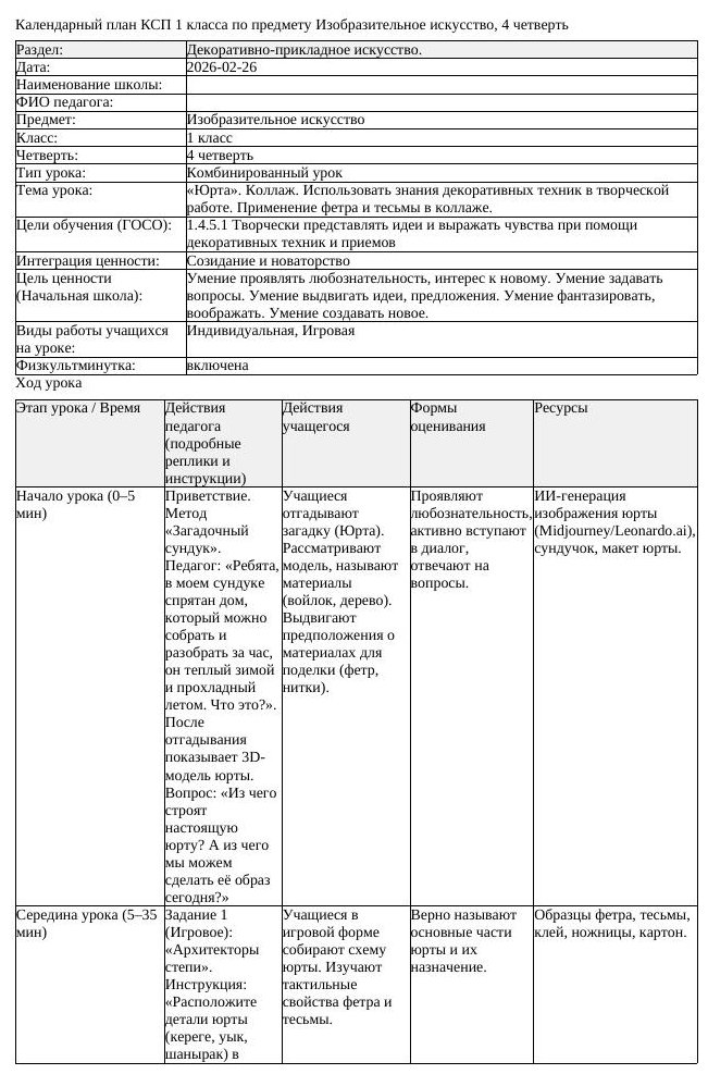 КСП Изобразительное искусство 1 класс 4 четверть Юрта Коллаж Использовать