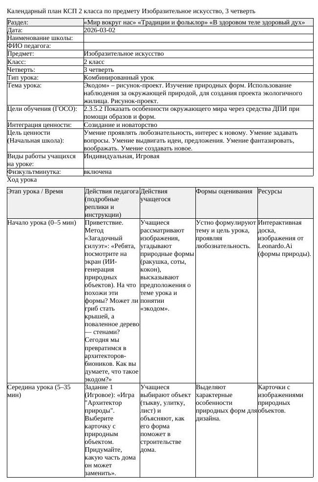 КСП Изобразительное искусство 2 класс 3 четверть Экодом рисунок проект