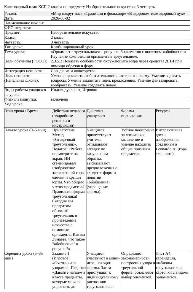 КСП Изобразительное искусство 2 класс 3 четверть Орнамент в треугольнике