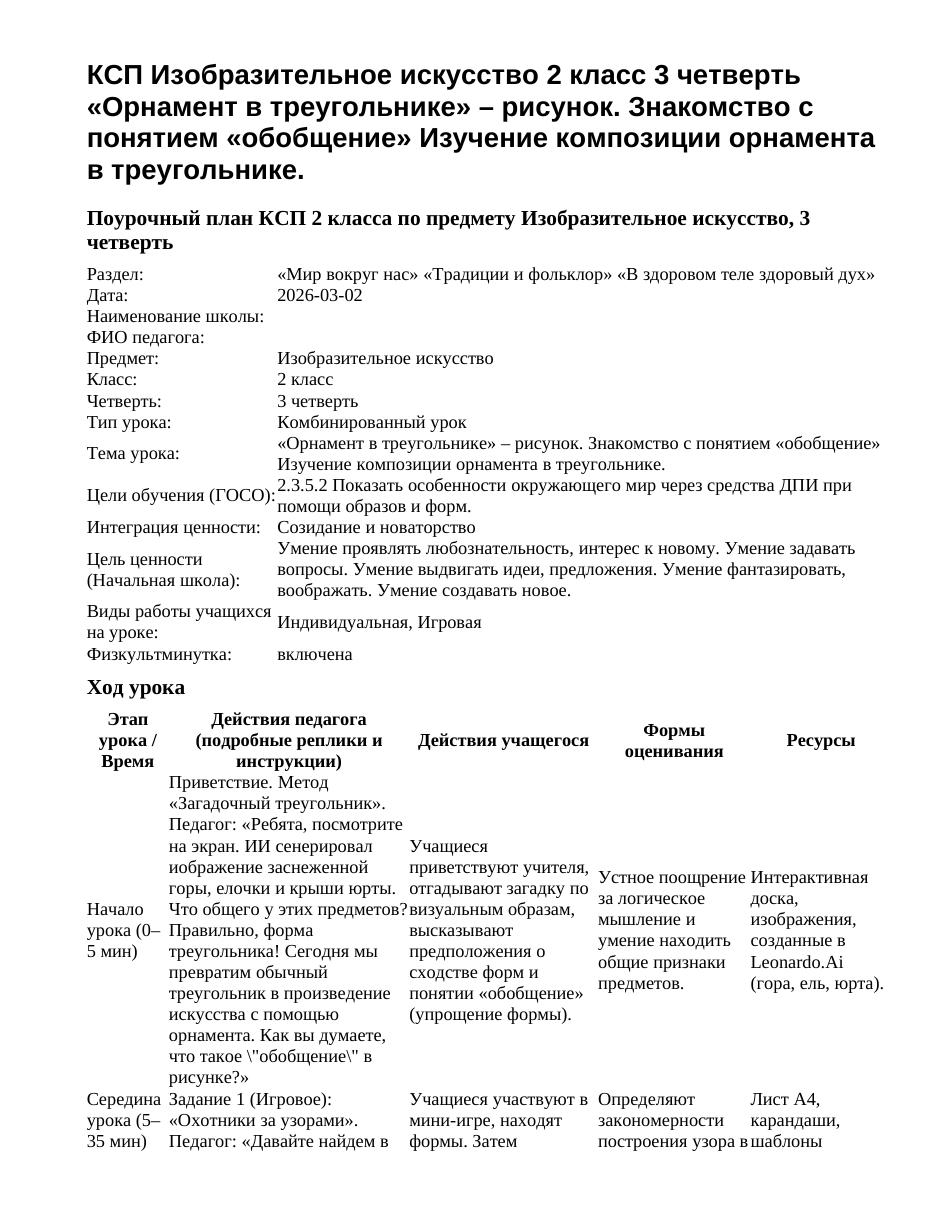 КСП Изобразительное искусство 2 класс 3 четверть «Орнамент в треугольнике» – рисунок. Знакомство с понятием «обобщение» Изучение композиции орнамента в треугольнике.