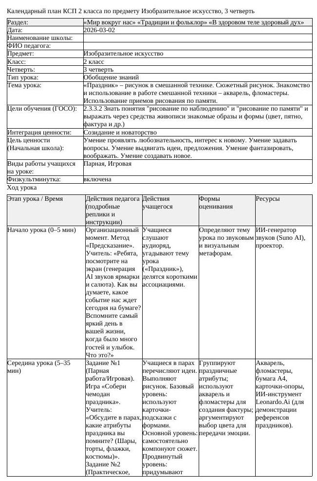КСП Изобразительное искусство 2 класс 3 четверть Праздник рисунок (урок 2)