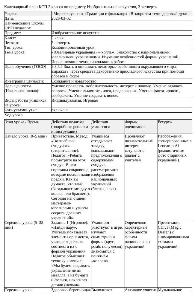 КСП Изобразительное искусство 2 класс 3 четверть Ювелирные украшения
