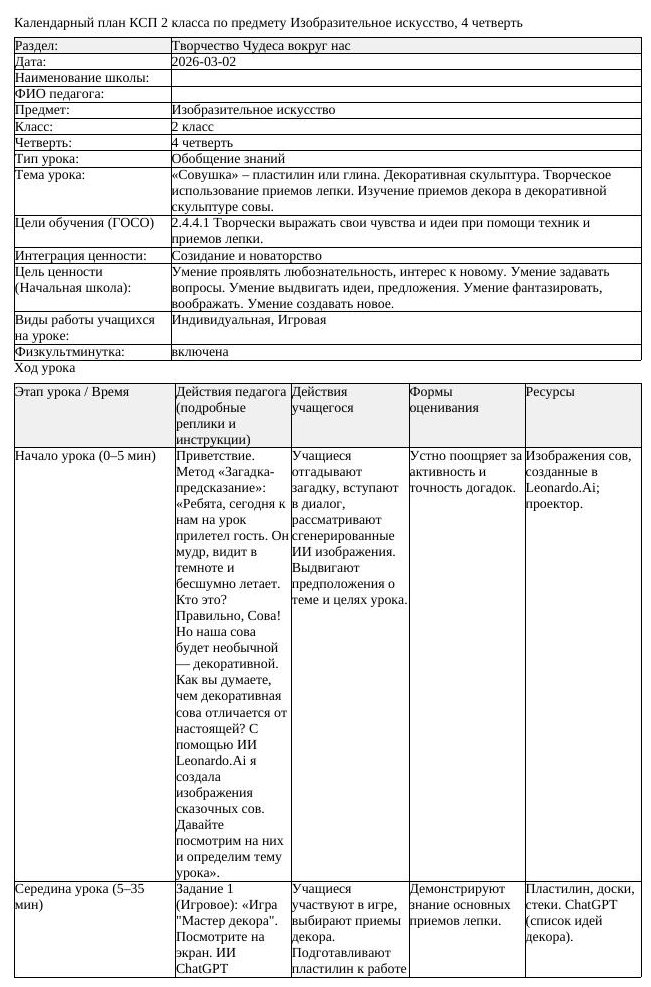КСП Изобразительное искусство 2 класс 4 четверть Совушка пластилин