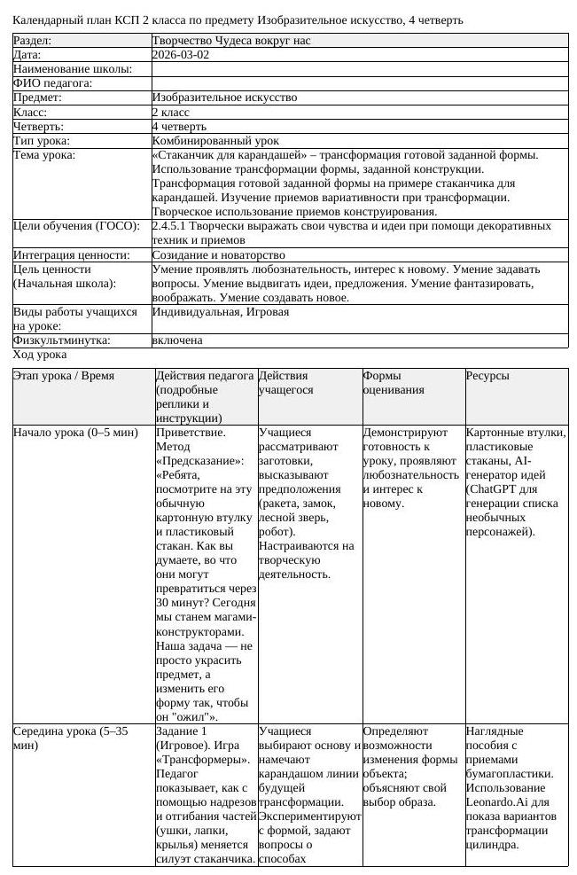 КСП Изобразительное искусство 2 класс 4 четверть Стаканчик для карандашей
