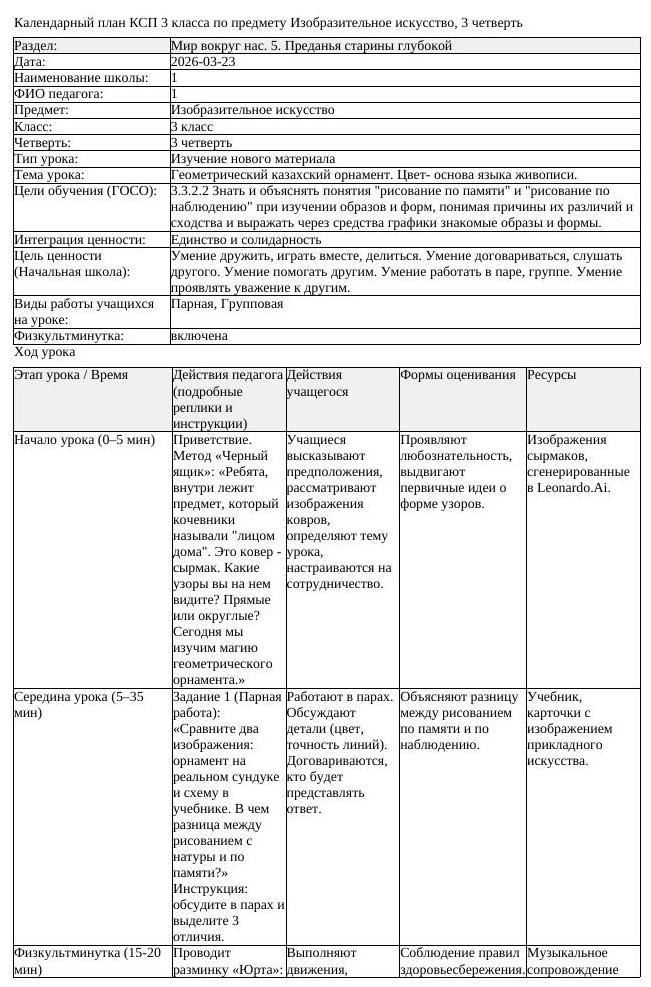 КСП Изобразительное искусство 3 класс 3 четверть Геометрический казахский