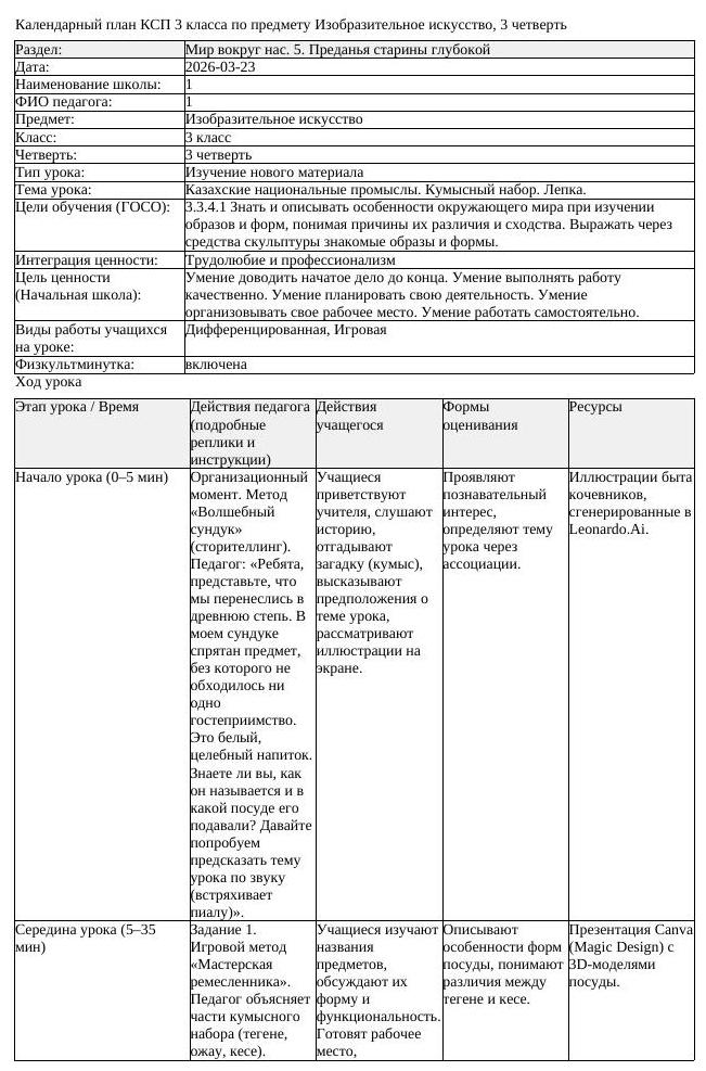 КСП Изобразительное искусство 3 класс 3 четверть Казахские национальные (урок 1)