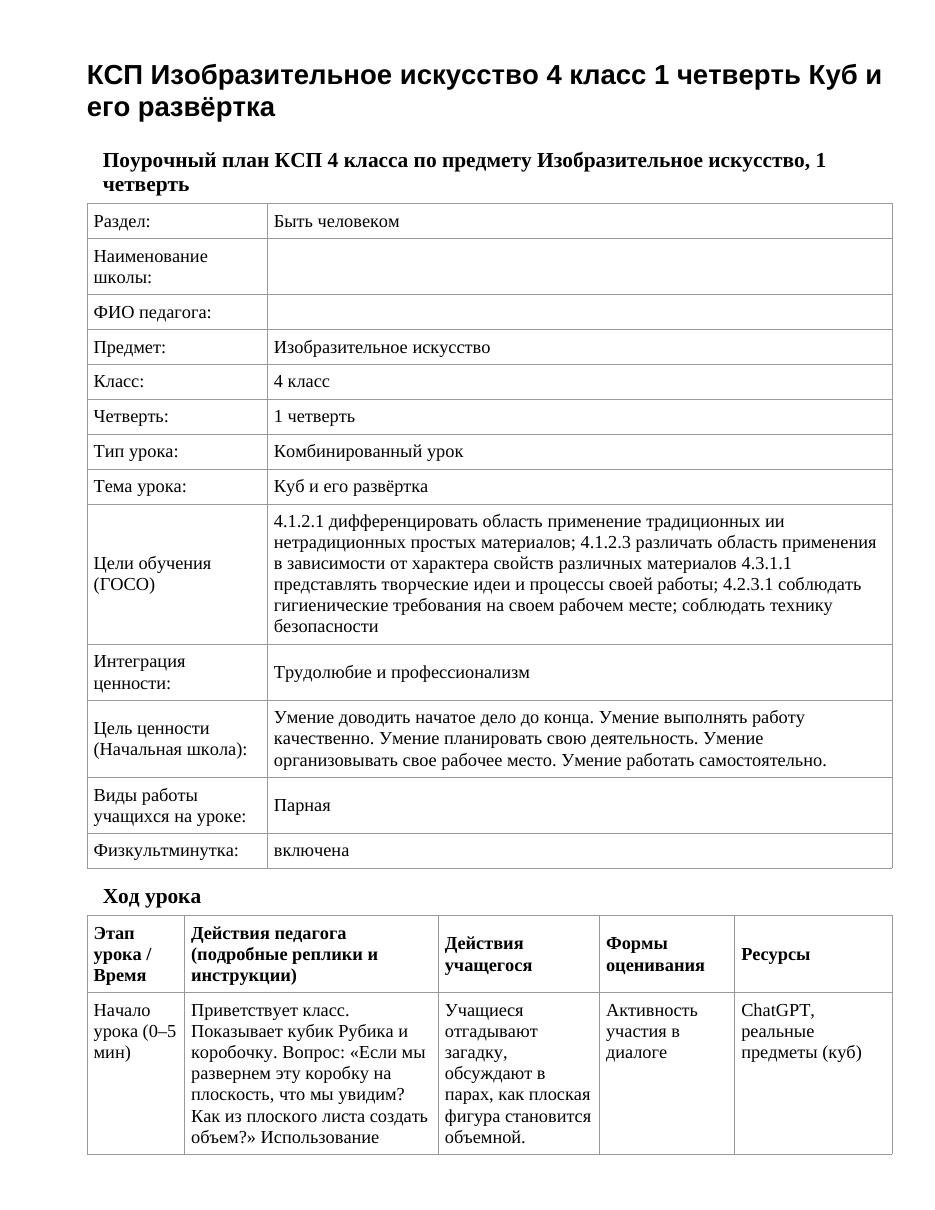 КСП Изобразительное искусство 4 класс 1 четверть Куб и его развёртка