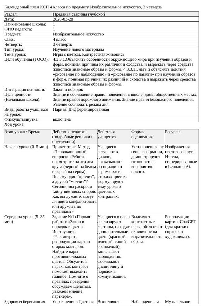 КСП Изобразительное искусство 4 класс 3 четверть Игры с цветом Контрастная