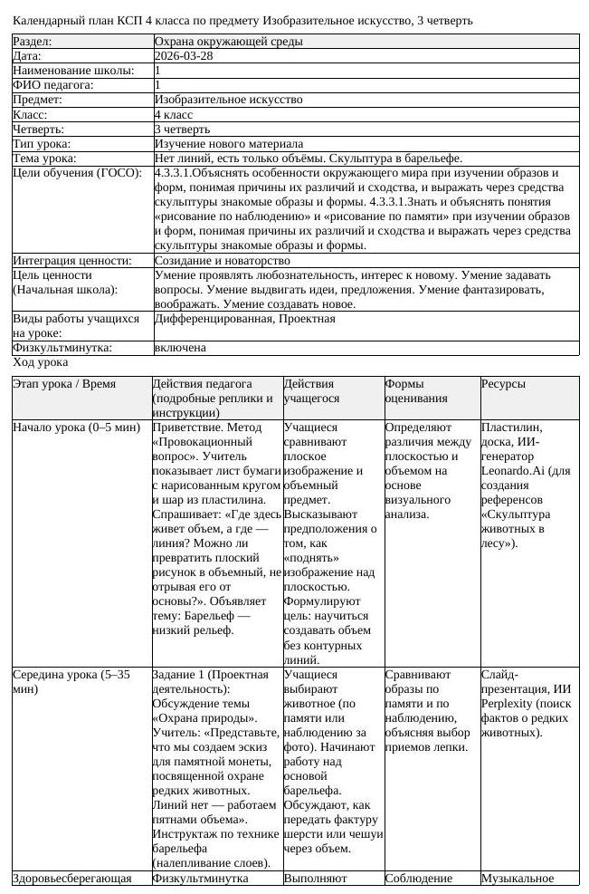 КСП Изобразительное искусство 4 класс 3 четверть Нет линий есть только