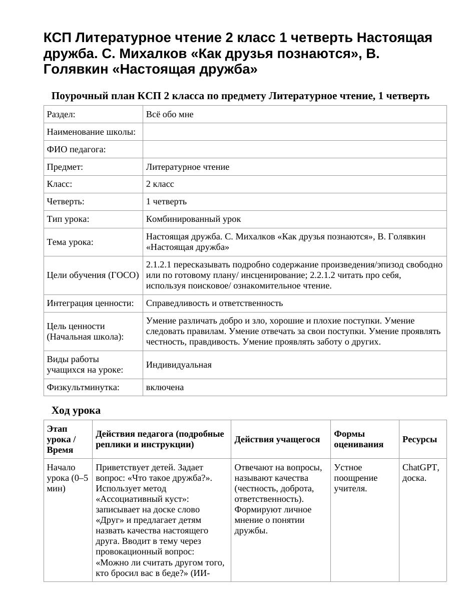 КСП Литературное чтение 2 класс 1 четверть Настоящая дружба. С. Михалков «Как друзья познаются», В. Голявкин «Настоящая дружба»