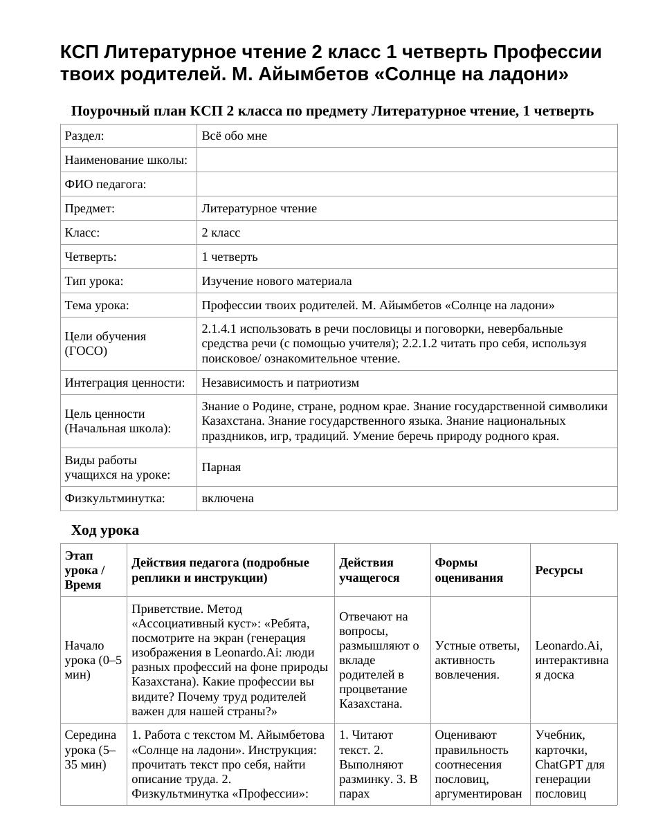 КСП Литературное чтение 2 класс 1 четверть Профессии твоих родителей. М. Айымбетов «Солнце на ладони»